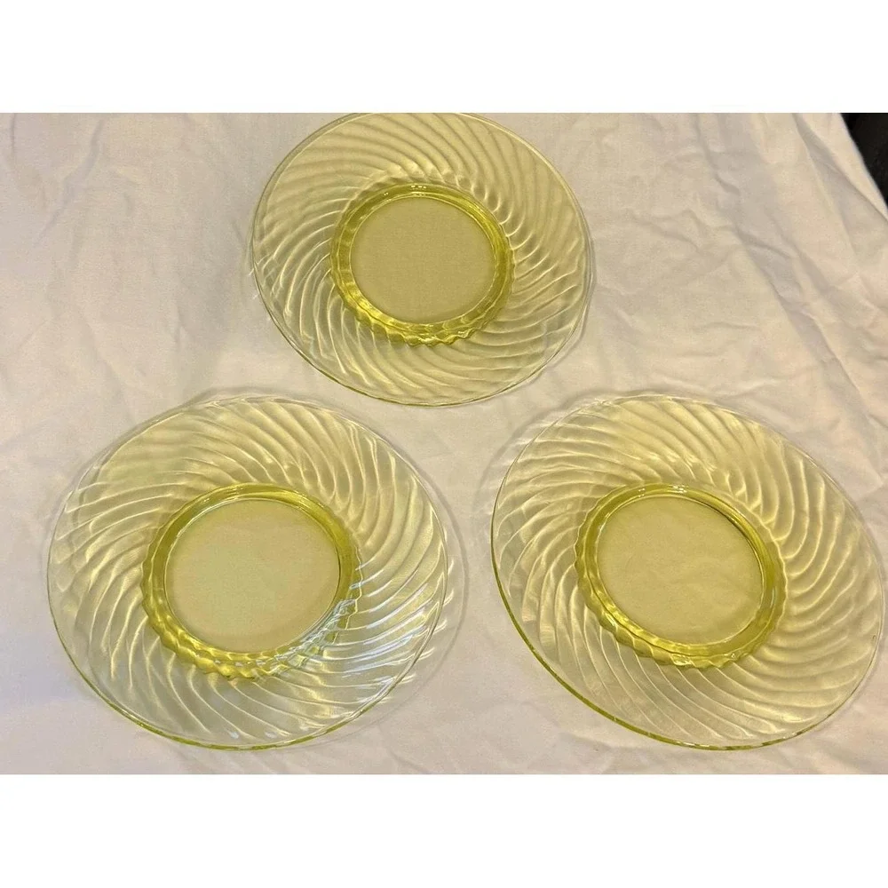 Set Of 3 Imperial Glass Uranium Saucers Twisted Optic Plates Vaseline Glass VTG